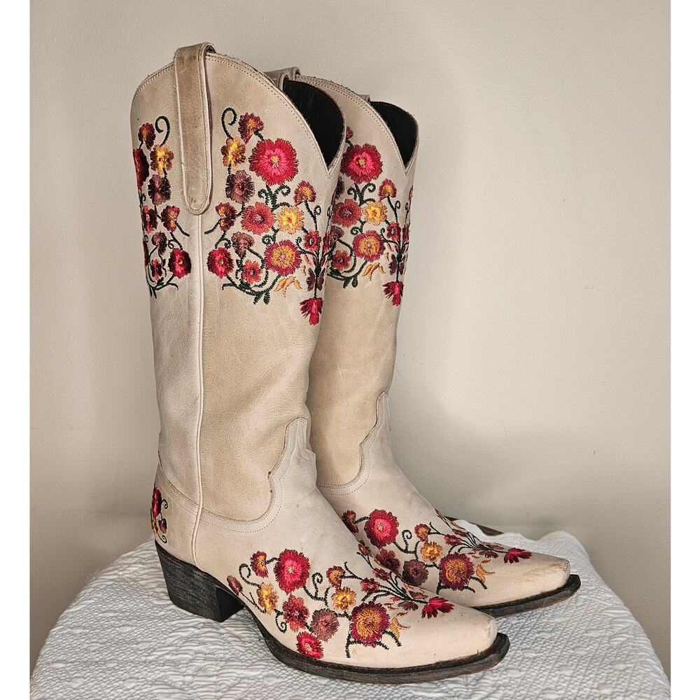 Beautiful Lane Floral Cowboy Boots, Ivory W/Multi-Color Flowers, Sz 7